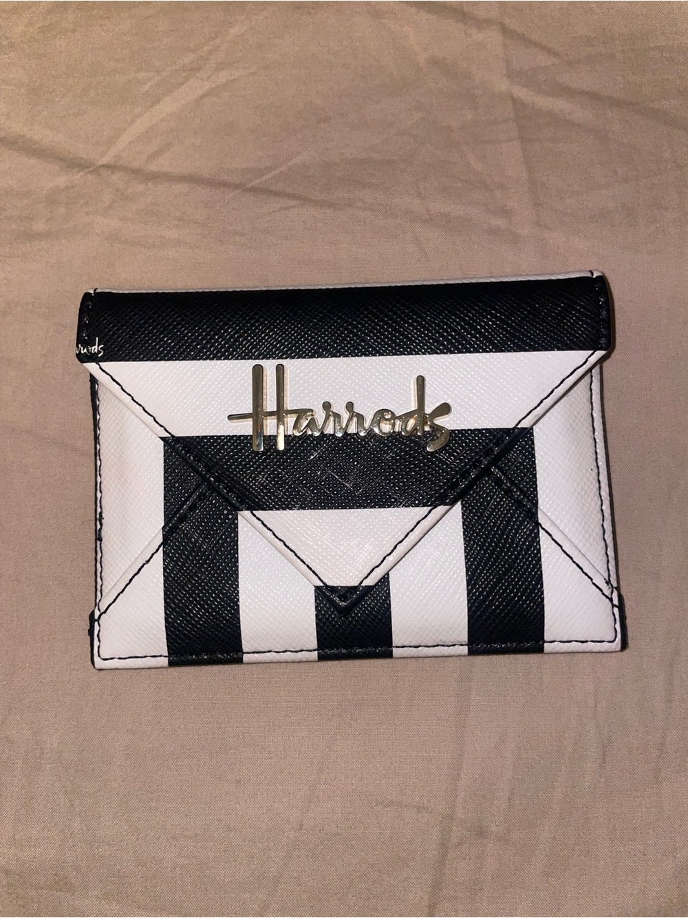 Harrods Black and White Striped Envelope Card Case with Gold Logo